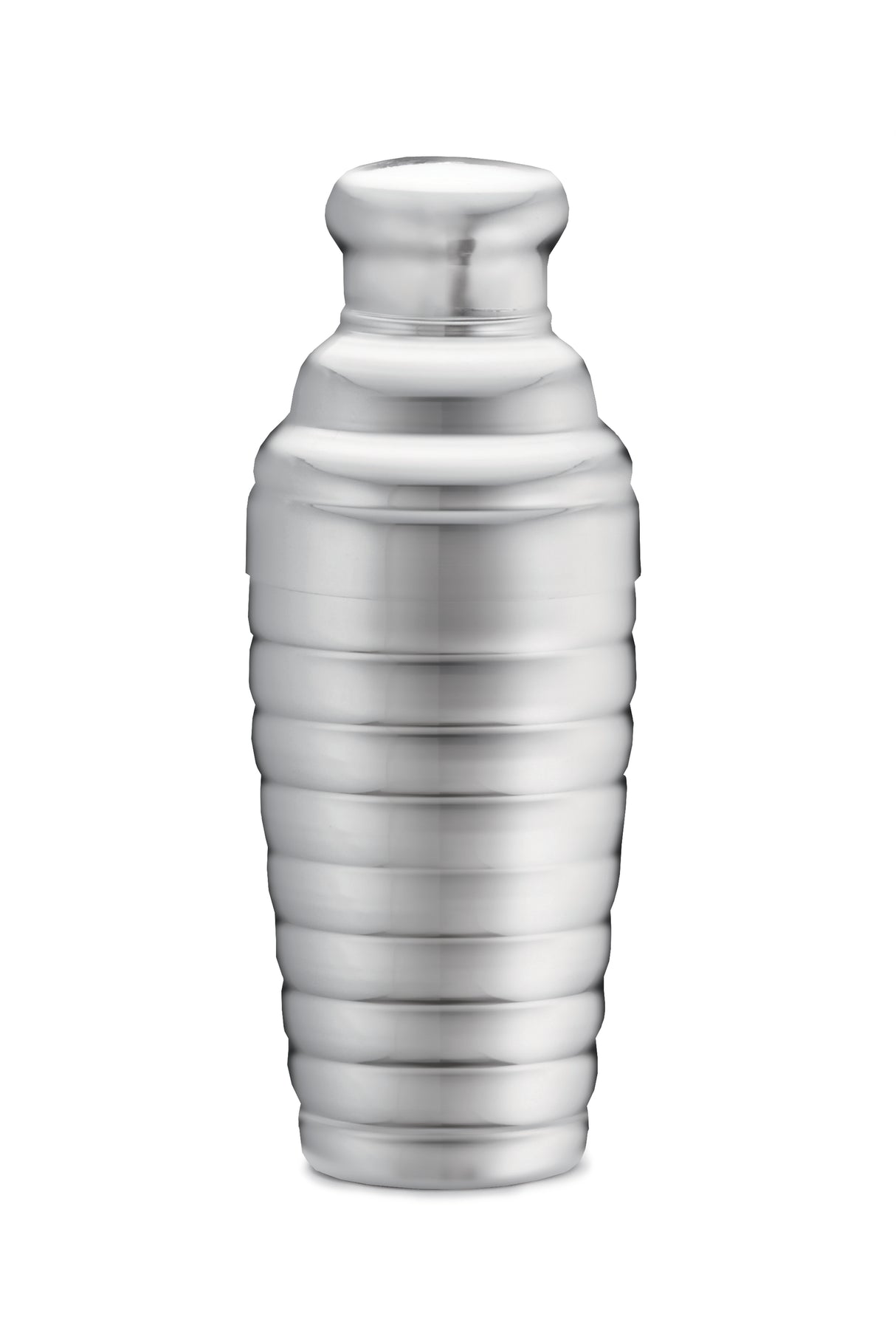 A shiny, stainless steel urn with a rounded lid and a ribbed, cylindrical body. The smooth, reflective surface and horizontal grooves evoke the look of a 24 oz beehive bar shaker in a modern, minimalist design.