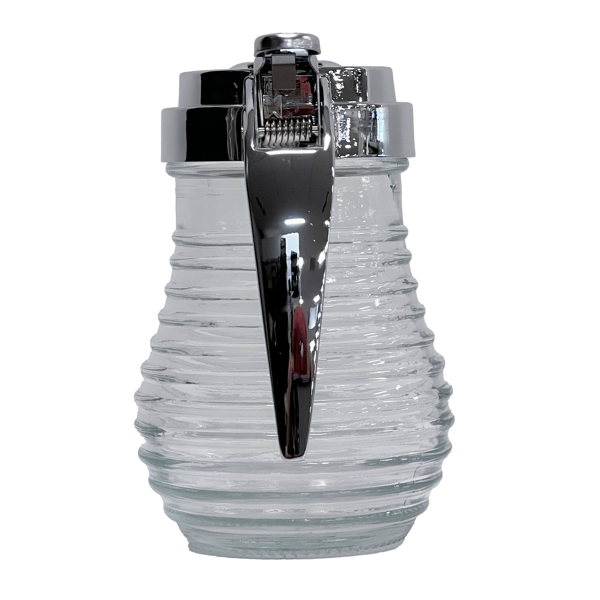 A clear, ribbed glass syrup dispenser from TableCraft’s Beehive Collection with a shiny metal lid and lever, shown against a white background. The empty dispenser’s spout is closed, reflecting light on its polished surface.