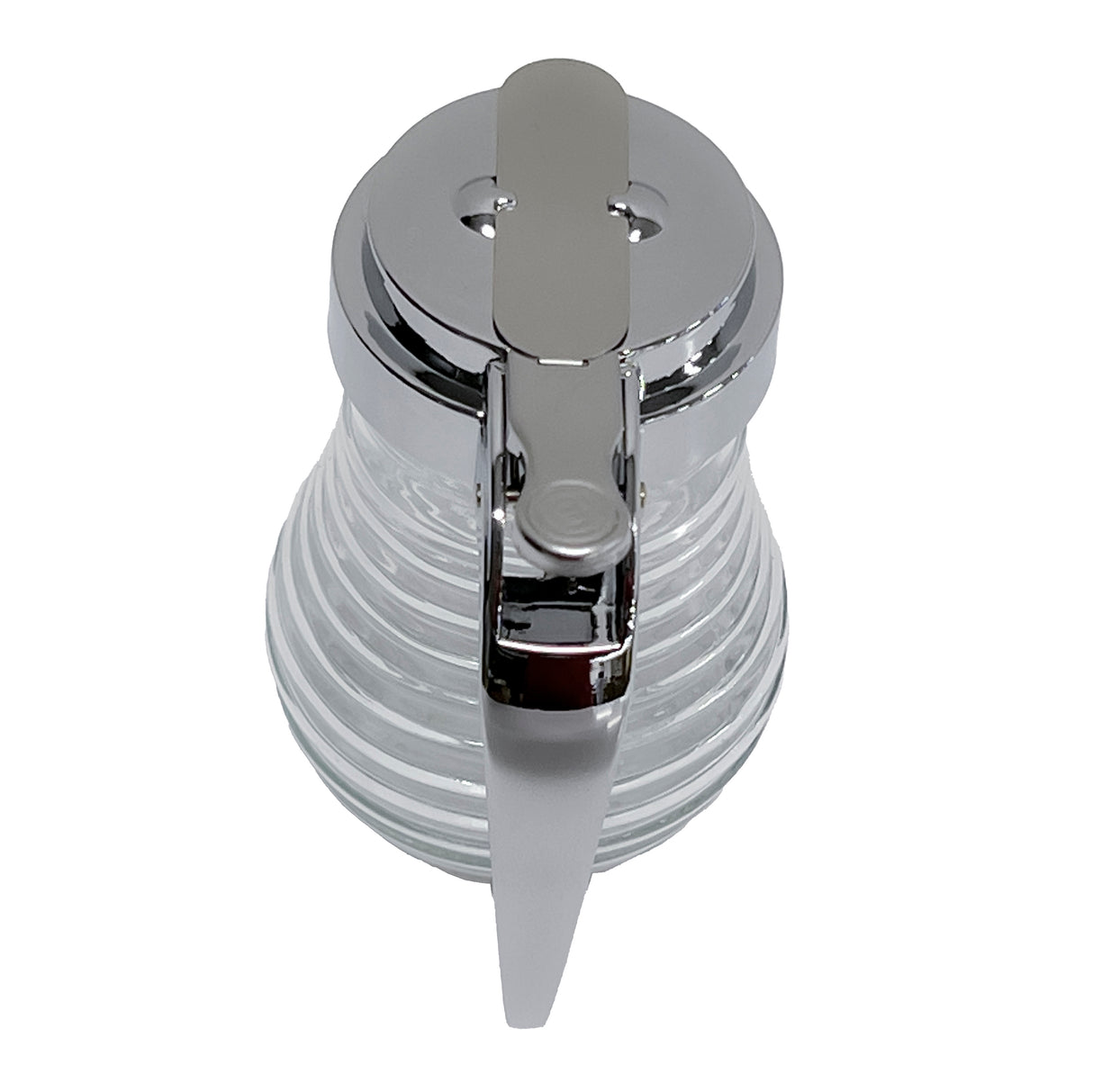 A clear glass syrup dispenser from the TableCraft Beehive Collection sits upright, featuring horizontal ridges and a shiny silver metal lid with lever mechanism for pouring. The empty dispenser is photographed on a plain white background.