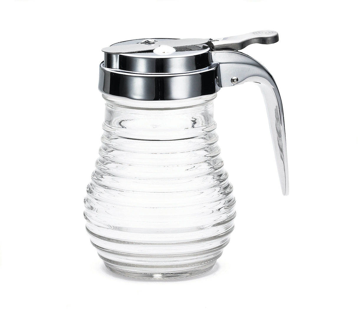 A clear, ribbed glass Syrup dispenser from the Beehive Collection by TableCraft, featuring a shiny metal lid with a lever for pouring and a small circular opening. The empty dispenser is photographed against a plain white background.