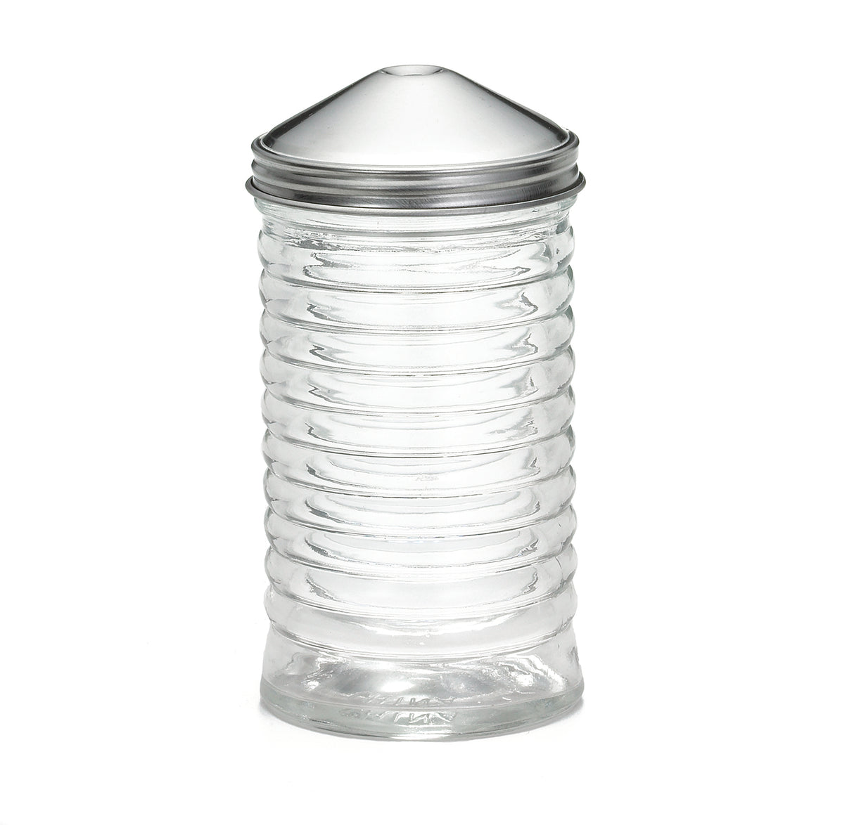 A clear ribbed glass 12 oz sugar pourer with a metal, cone-shaped lid and central pouring opening. The cylindrical container features horizontal ridges and stands upright against a white background.