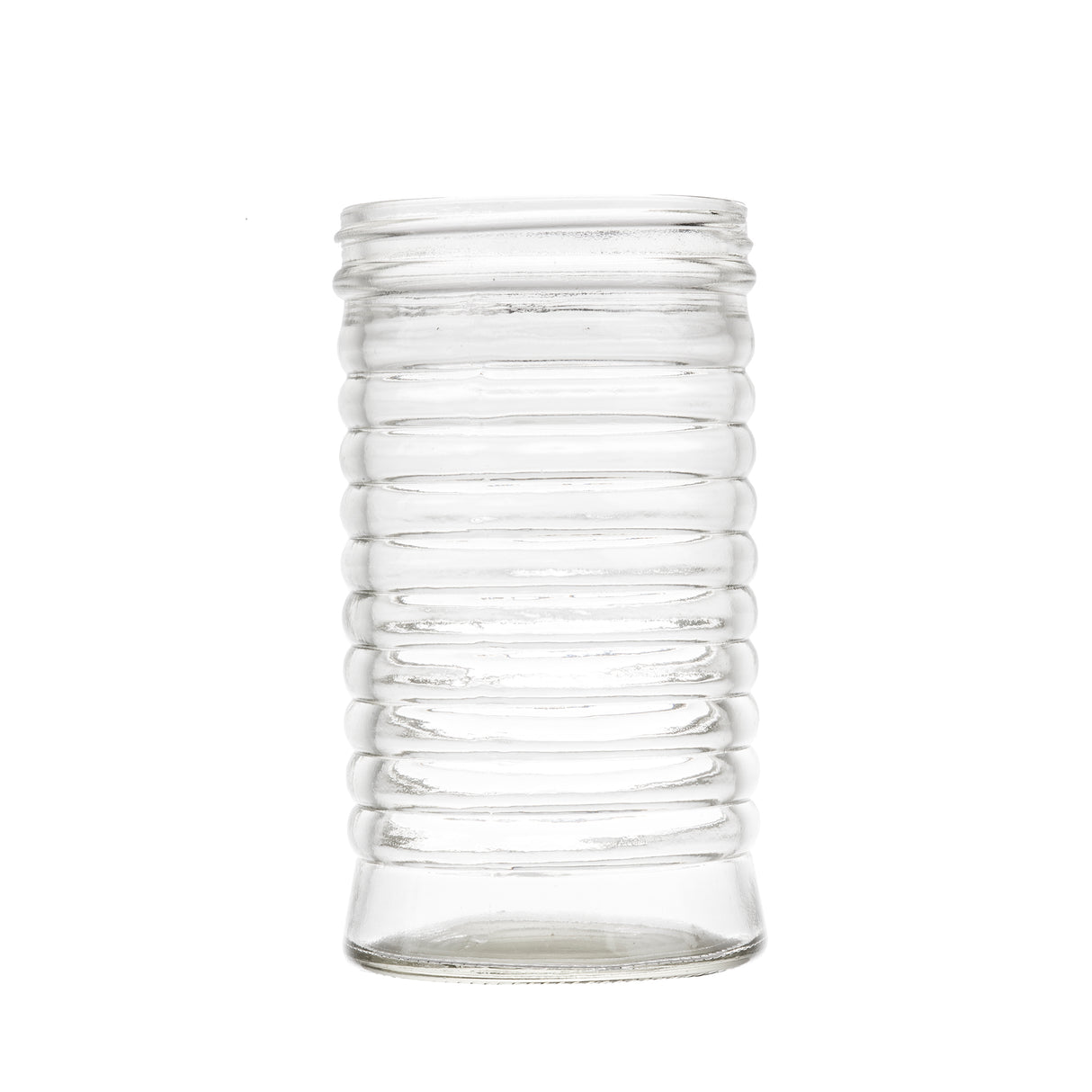 A clear, empty 12 oz glass jar with a series of evenly spaced horizontal ridges around its body, giving it a ribbed, beehive shakers-inspired texture. The jar stands upright on a white background and has a wide opening at the top.