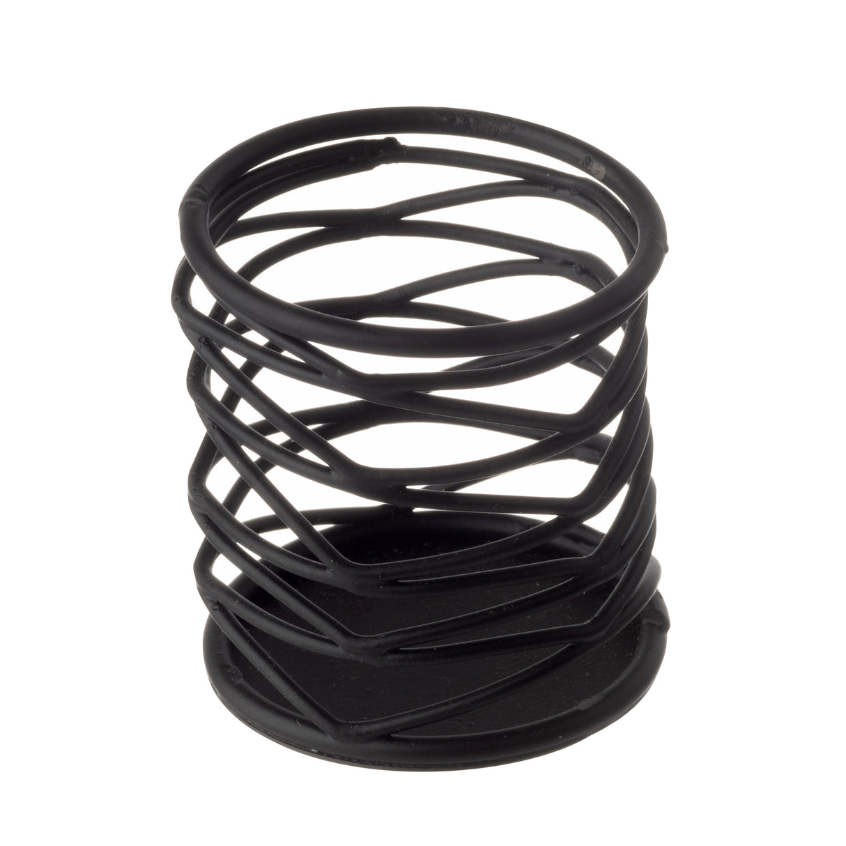 A black, helical compression spring from the Artisan Collection, photographed against a white background. The metal spring, often used as a unique Sugar Packet Holder by TableCraft Products, features a twisted, crisscross pattern and an open, cylindrical shape.