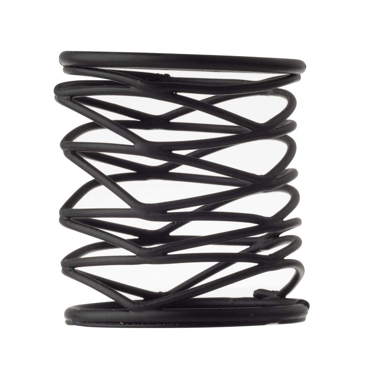 A close-up photo of a black, helical compression spring standing upright against a white background. Reminiscent of the Artisan Collection by TableCraft Products, its matte finish and sturdy coils evoke both function and modern design.
