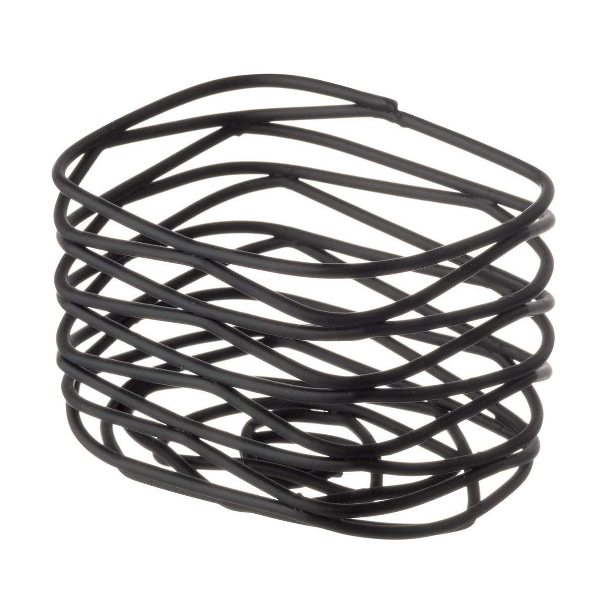 A stack of six irregular, interlocking Black Powder Coated Metal bangles forms an abstract, twisted geometric shape. Thin and unevenly shaped, they create a modern, sculptural look against a plain white background—part of our Artisan Collection.