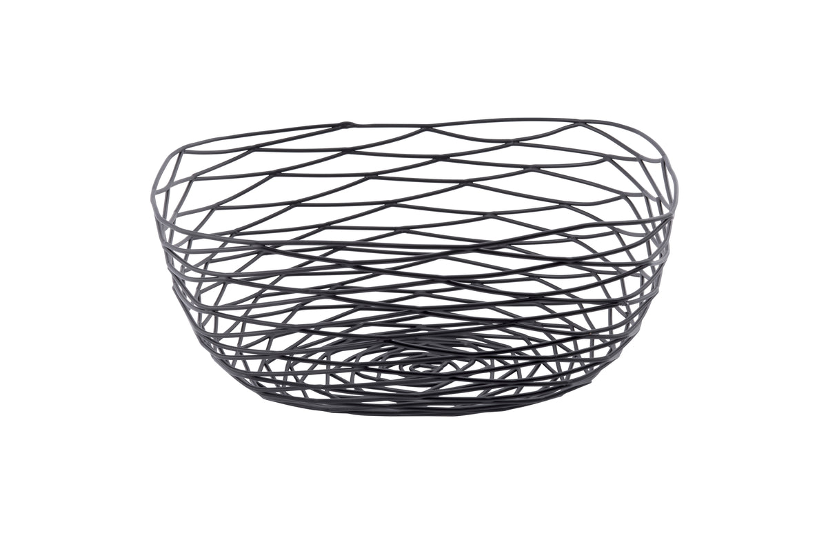 A round, open Artisan Collection Basket made of black powder coated metal with a spiral, crisscross pattern. This modern and airy TableCraft BK17310 basket sits empty against a plain white background, offering a lightweight decorative touch.