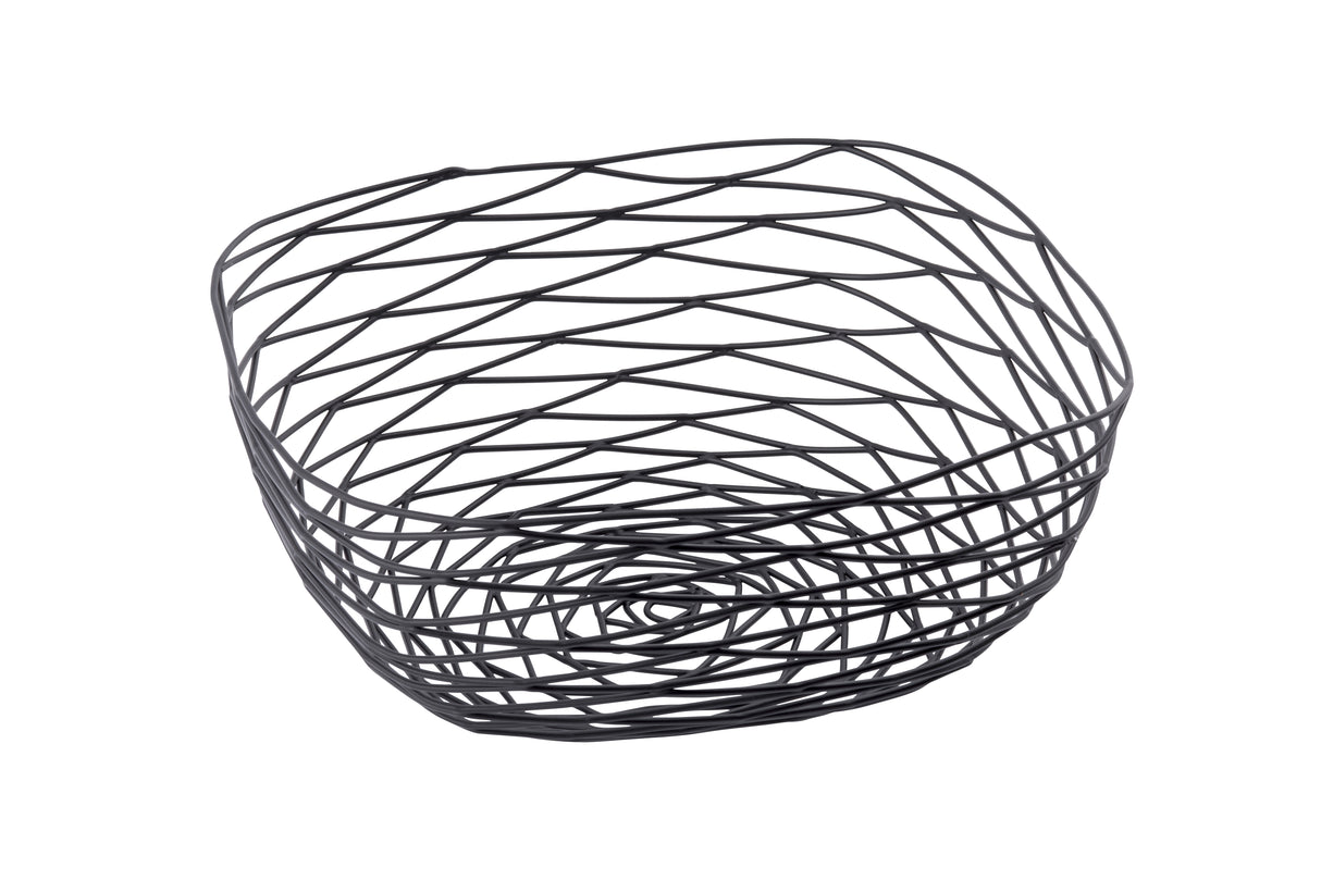 The TableCraft BK17310 Artisan Collection Basket features a black powder coated metal basket with an open, crisscross pattern and rounded, irregular shape, creating a lightweight, airy look. Photographed against a white background.