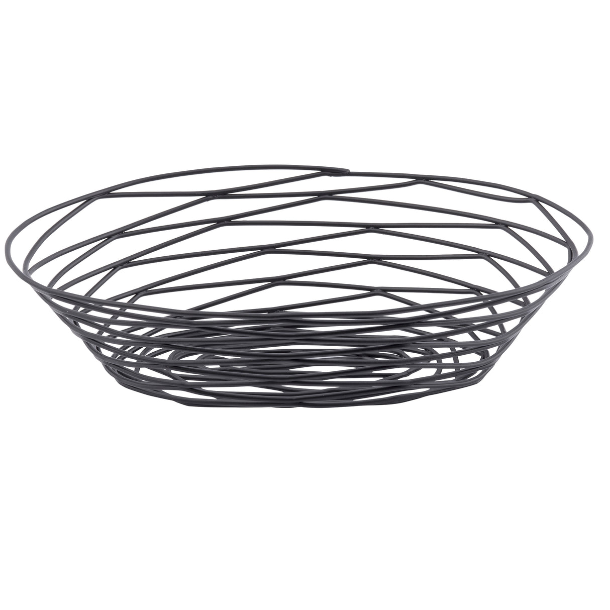 A round, shallow Artisan Collection Basket made of thin, black powder coated metal wires in a crisscross pattern. The circular base and flared sides create an open, airy design. The basket is empty and sits on a plain white background.