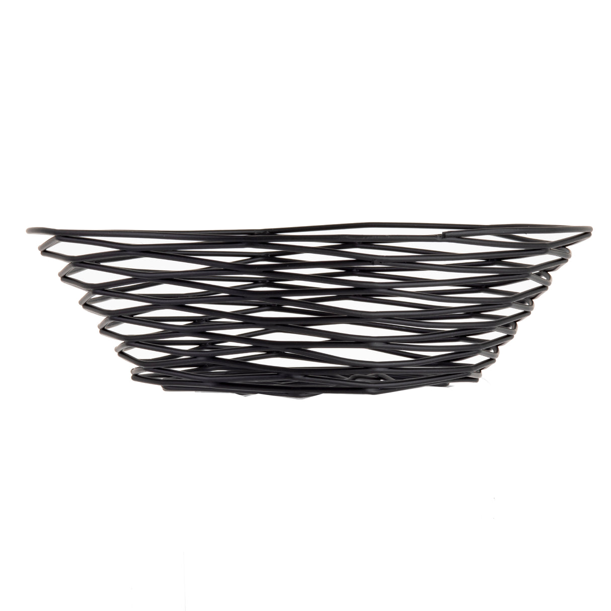 A modern, black powder coated metal fruit basket from the Artisan Collection Basket by TableCraft Products, featuring an open, geometric crisscross design in a shallow, oval shape. The empty basket is photographed against a white background.