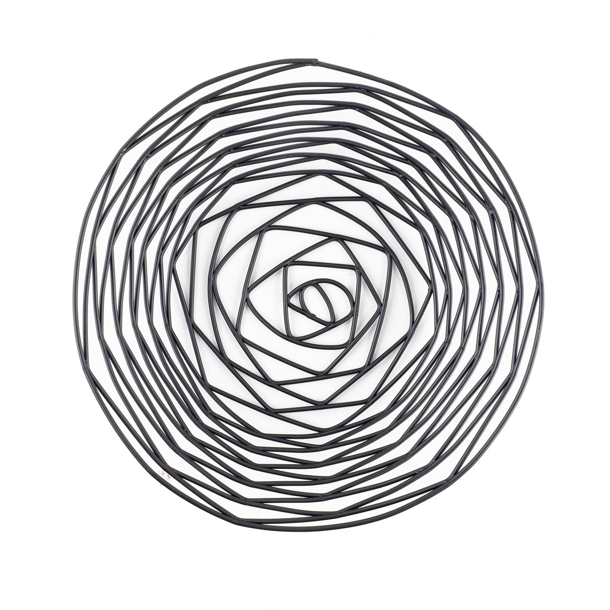 A geometric wire sculpture crafted from black powder coated metal forms concentric polygons, resembling a circular maze with irregular angles. Viewed from above, this three-dimensional abstract piece evokes the style of the Artisan Collection Basket by TableCraft Products.
