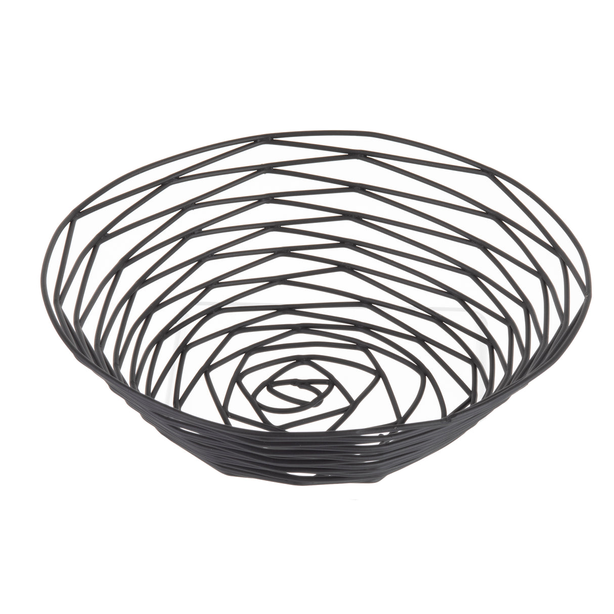 A round, open wire basket from the TableCraft Products Artisan Collection, featuring a modern geometric spiral design in black powder coated metal. Its shallow depth and wide opening create a visually airy and minimalist look with a slightly raised base.