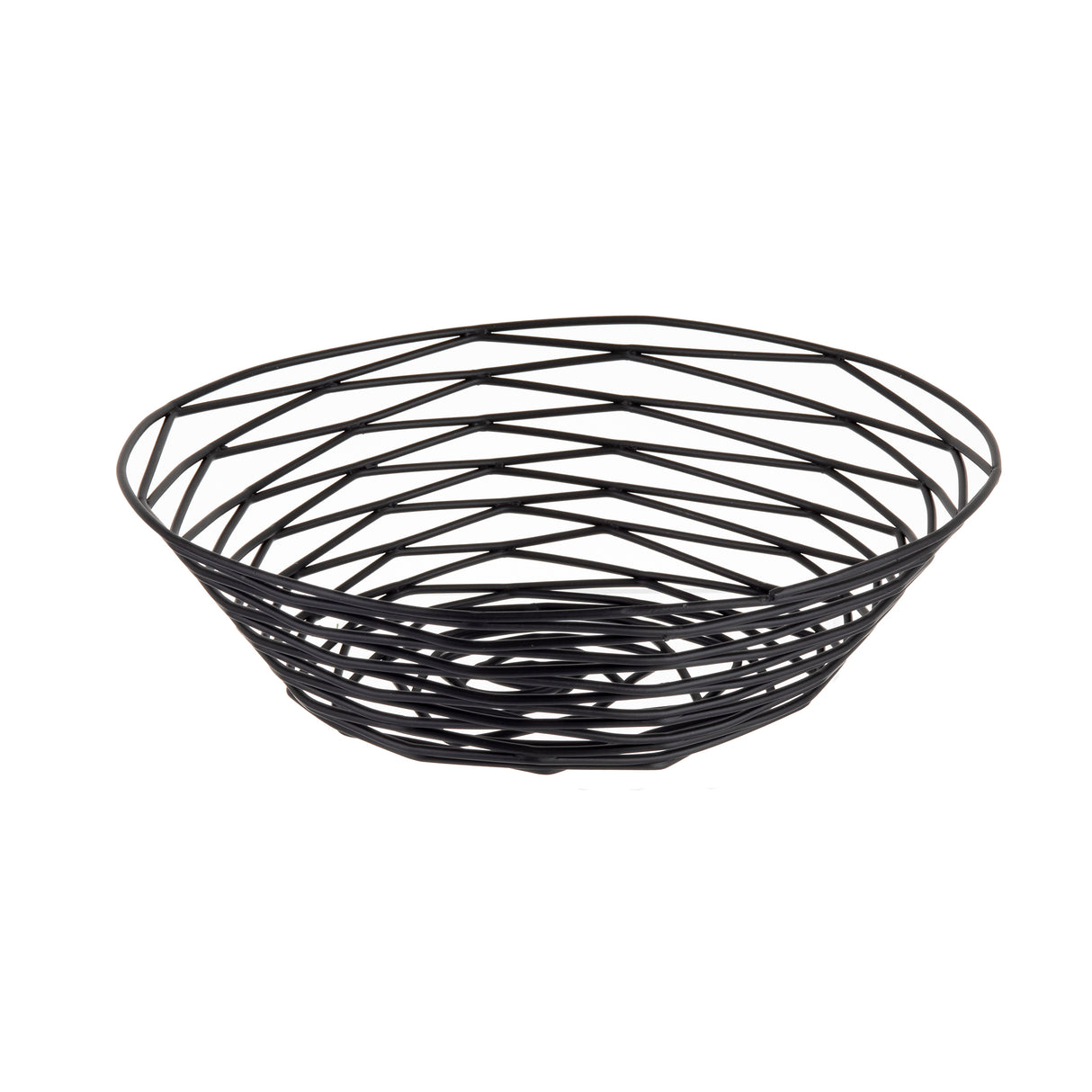 A black powder coated metal wire basket from the Artisan Collection Basket by TableCraft Products, featuring a round base and flared sides in a geometric, open-weave pattern. The empty basket is displayed against a white background.