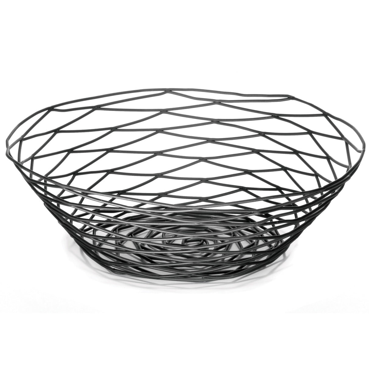 A round, black powder coated metal basket from the Artisan Collection Basket line by TableCraft features an open, crisscross pattern and a wide rim tapering to a smaller base. The plain white background highlights the basket’s elegant, shallow bowl shape.