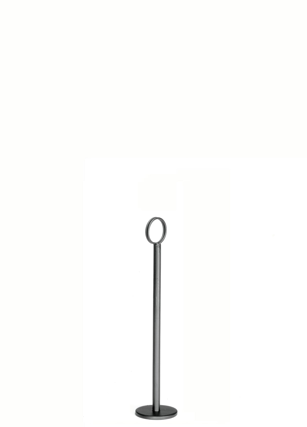 A single metal number stand with a circular ring at the top stands upright on a flat, round base. Finished in a sleek black powder coat, its minimalist TableCraft design is highlighted against the completely white background.