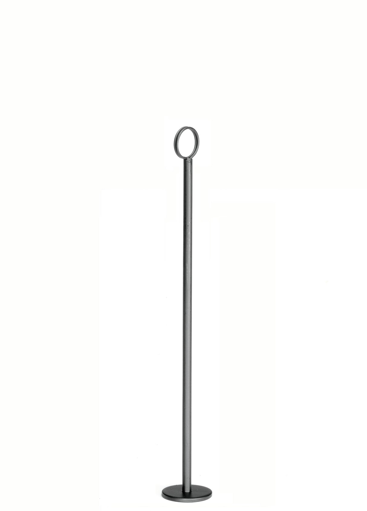 A tall, slender TableCraft number stand with a circular ring at the top and a flat round base stands upright against a plain white background. Measuring 18", it features a minimalist, industrial appearance.