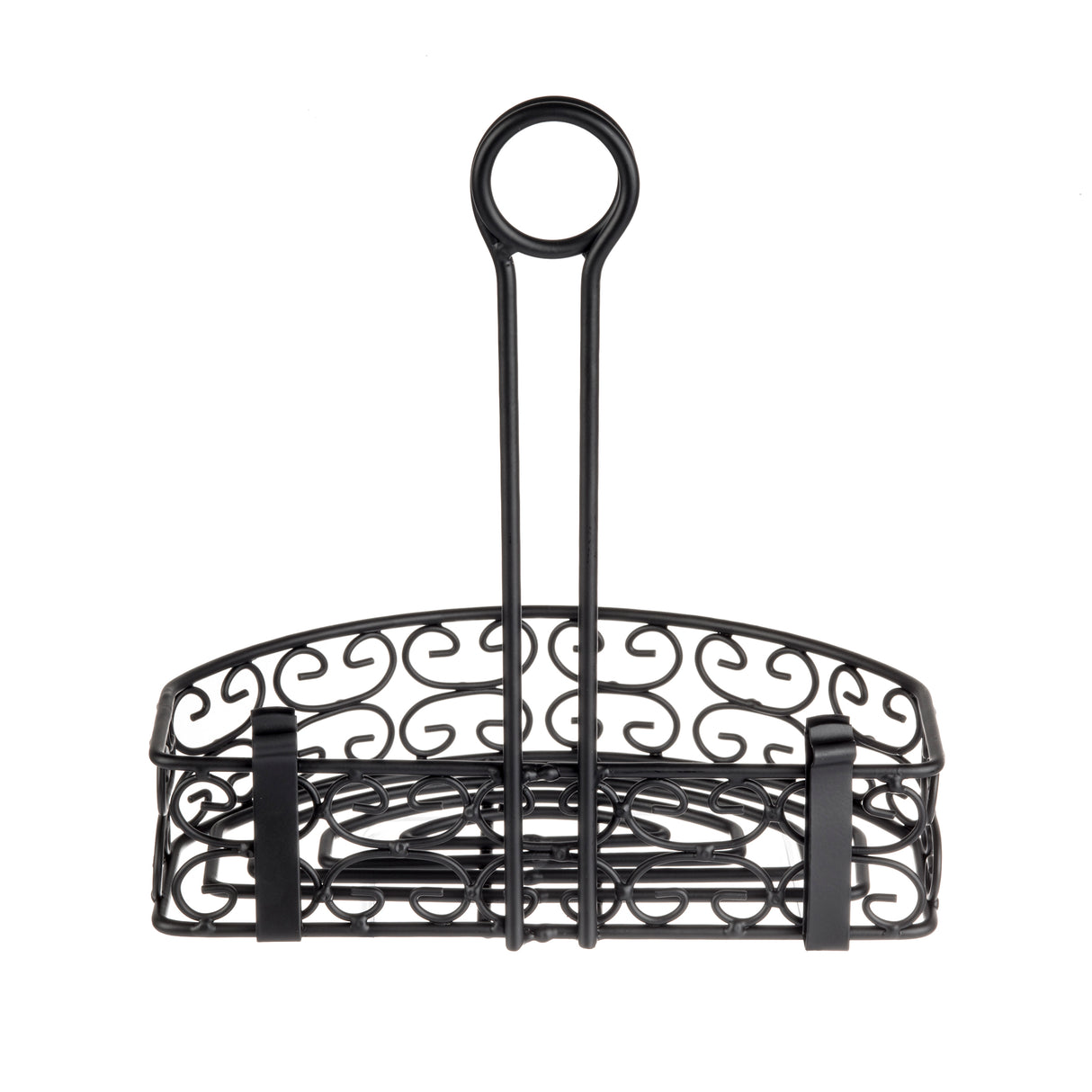 A black powder coated metal caddy with decorative swirl patterns, a rectangular base, and a high, circular handle. This ornate merchandising rack, inspired by the Mediterranean Versa Rack style, features open sides and sturdy vertical bars for support.