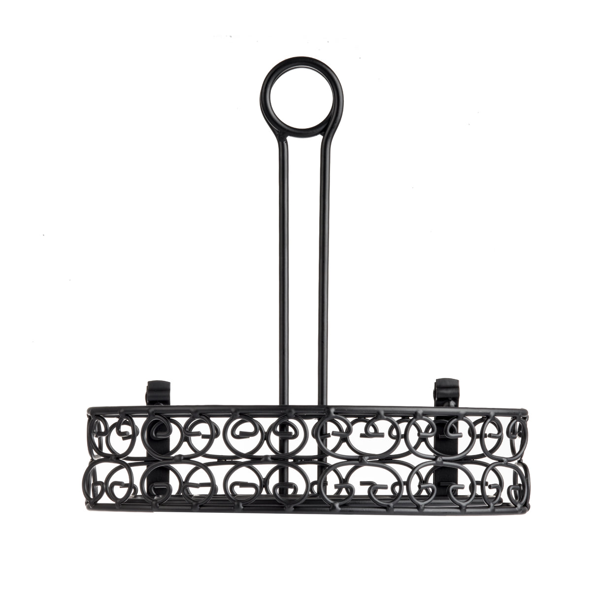 A black powder coated metal shower caddy with a circular wire pattern, featuring a raised handle with a central loop for hanging. This modern, open design resembles a Mediterranean Versa Rack, perfect for holding toiletries with two adjustable mounting clips.