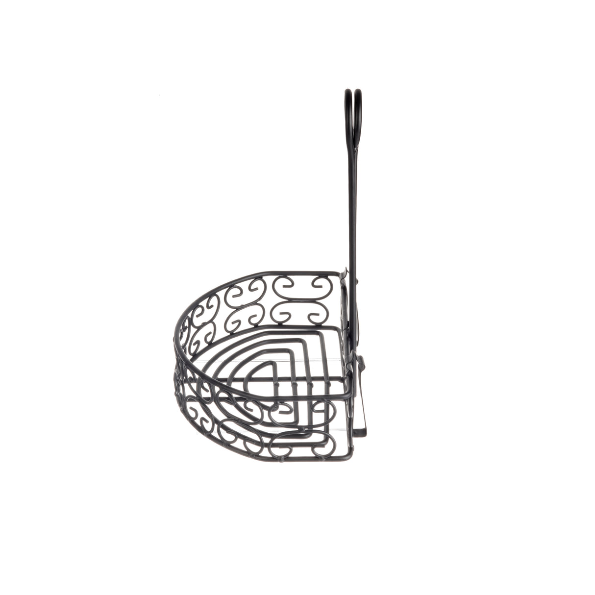 A black powder coated metal corner merchandising rack with ornamental scrollwork, featuring two triangular shelves and a vertical handle at the back, evokes the style of a Mediterranean Versa Rack, isolated on a white background.