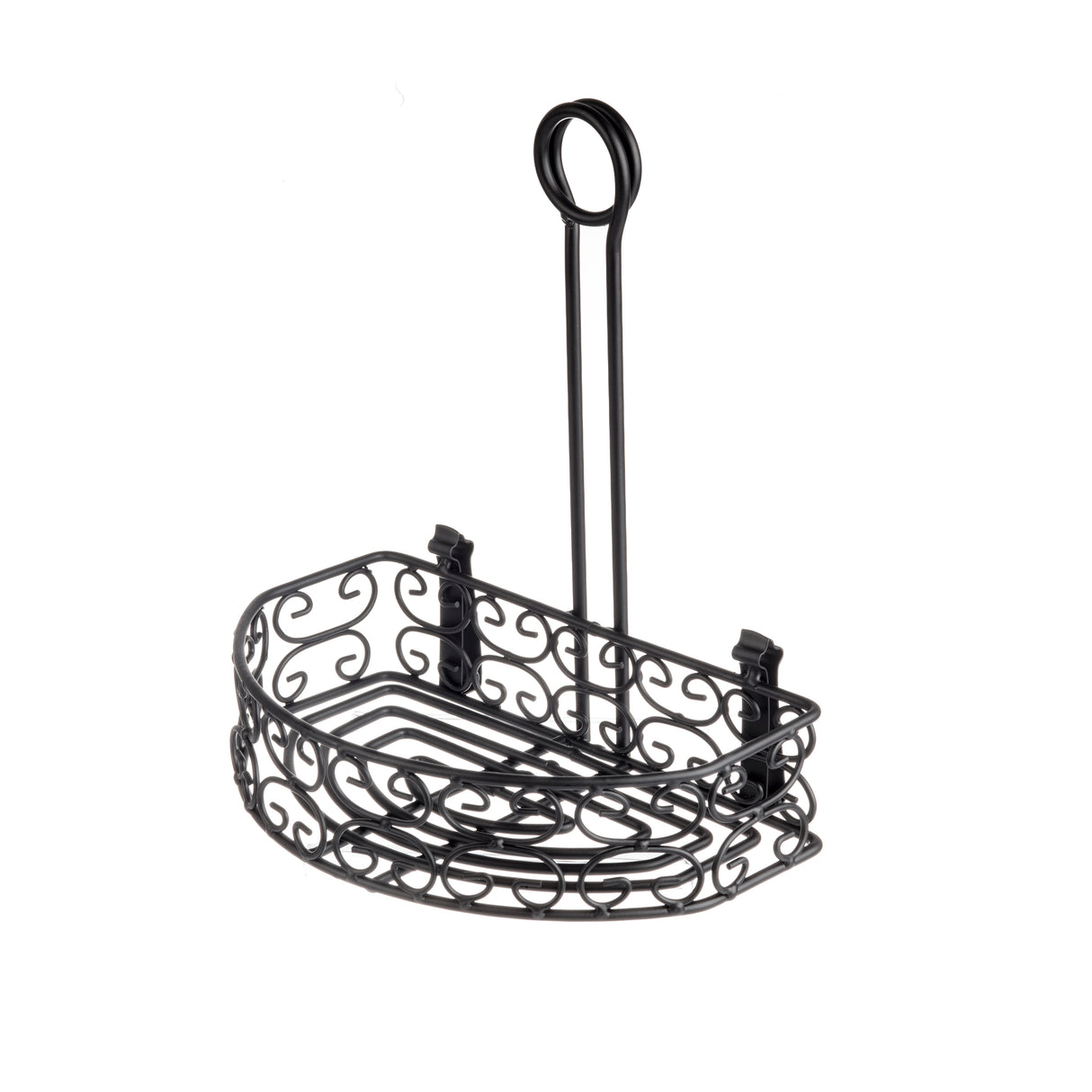 Black powder coated metal shower caddy with ornate swirl design, rectangular basket, and a high looped merchandising ring handle for hanging. Inspired by Mediterranean Versa Rack style, its open metal slat base allows easy drainage.