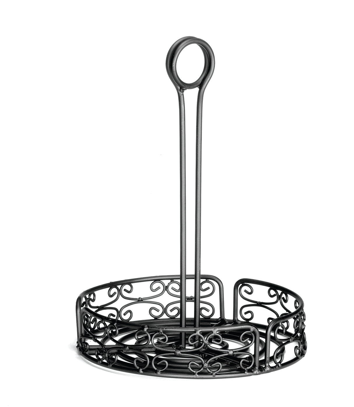 A black powder coated metal holder with ornate scrollwork, featuring a round base, open sides, and a tall center handle with a merchandising ring loop. This Mediterranean Versa Rack is empty and photographed against a white background.