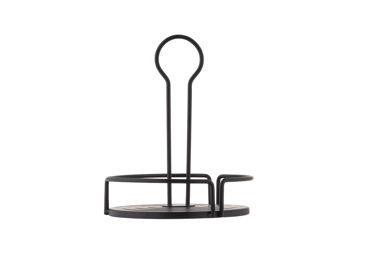 A black powder coated metal paper towel holder with a round base and open circular side for easy roll changes. Its minimal, modern design features a tall central rod with a looped handle. Shown on a plain white background.