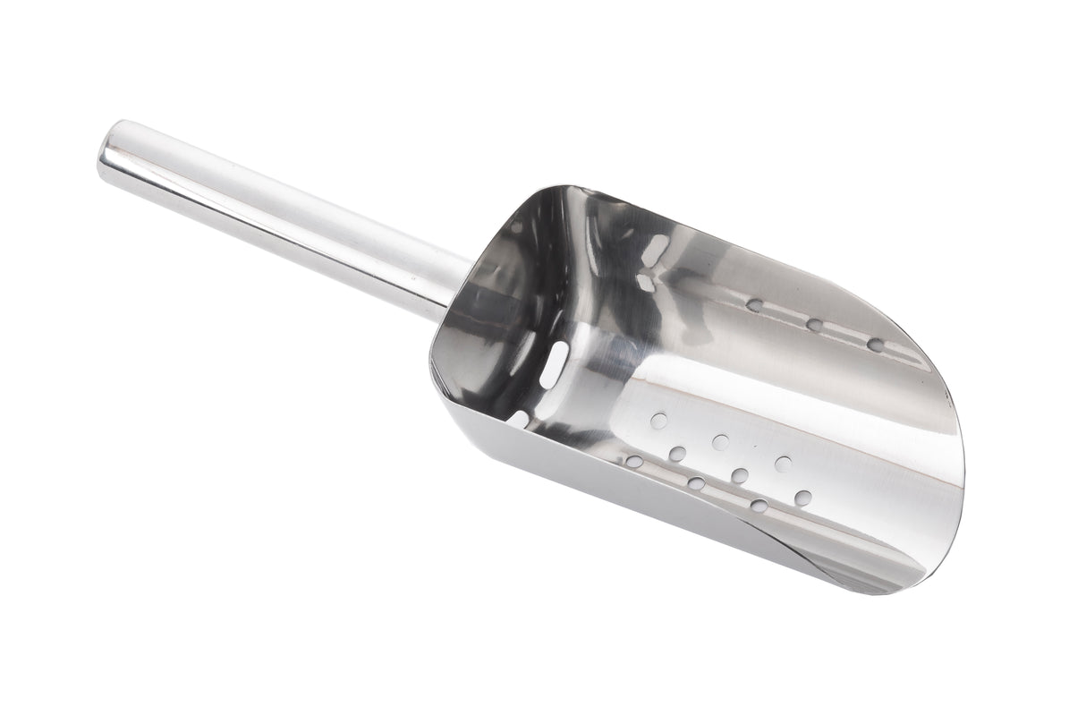 A shiny, stainless steel ice scoop with a cylindrical handle and deep, rounded bowl featuring small drainage holes. Its smooth, reflective surface is dishwasher safe and unused. The scoop is positioned diagonally on a white background.