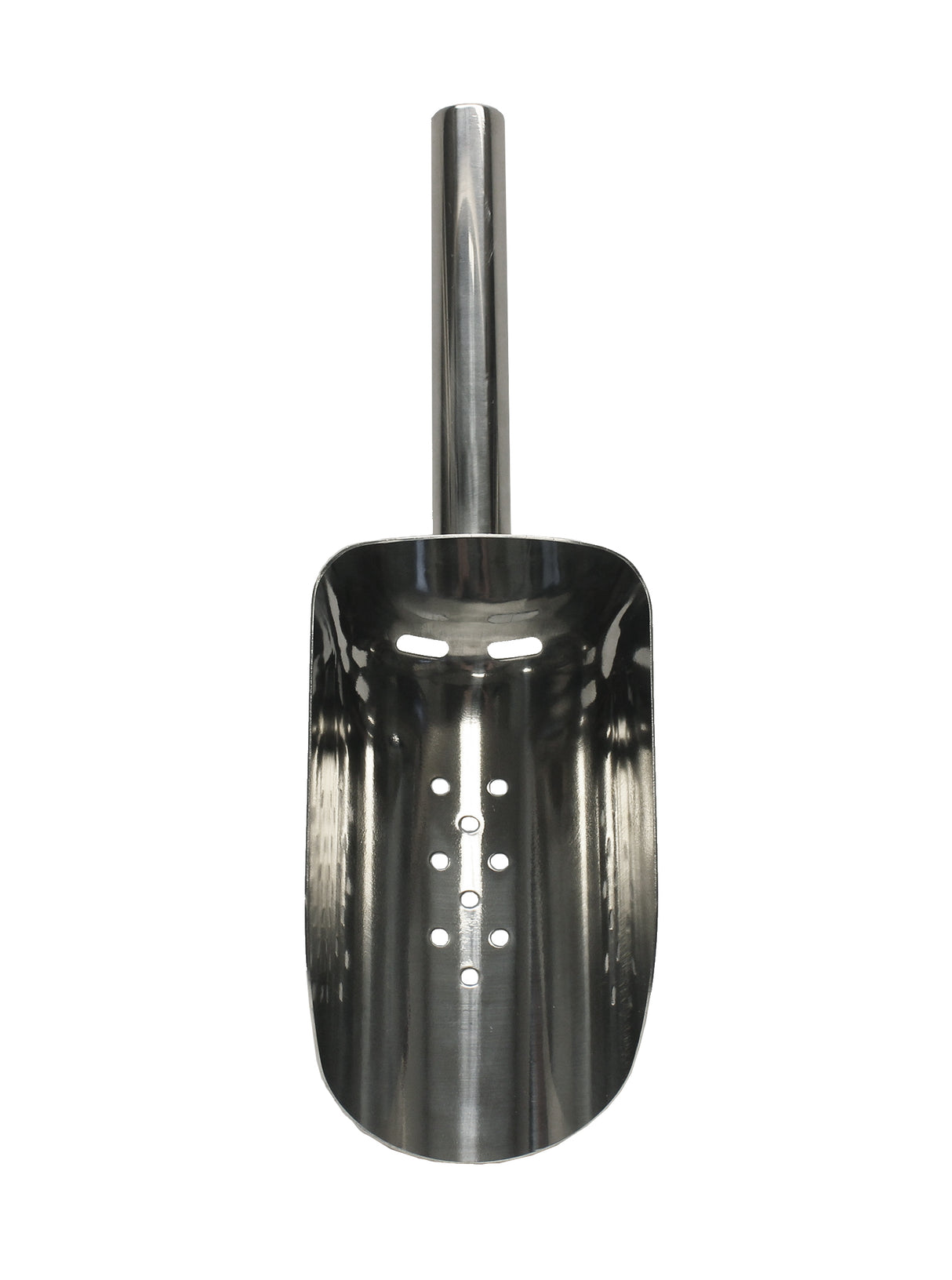 A shiny, stainless steel ice scoop with a short cylindrical handle. The oval scoop features six round holes in a vertical line and three on each side, designed for sifting or draining. Dishwasher safe and set against a plain white background.