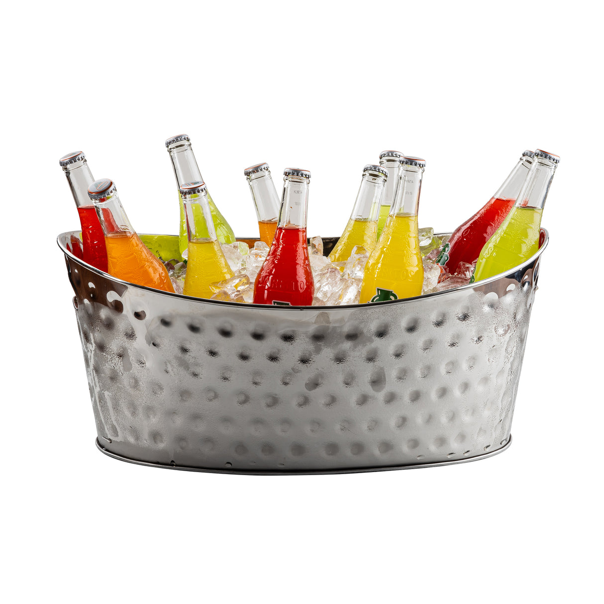 A Bali Collection Beverage Tub filled with ice and assorted glass bottles of colorful sodas—red, yellow, orange, and green—adds a vibrant touch. This 4 gallon beverage tub stands out against a plain white background.