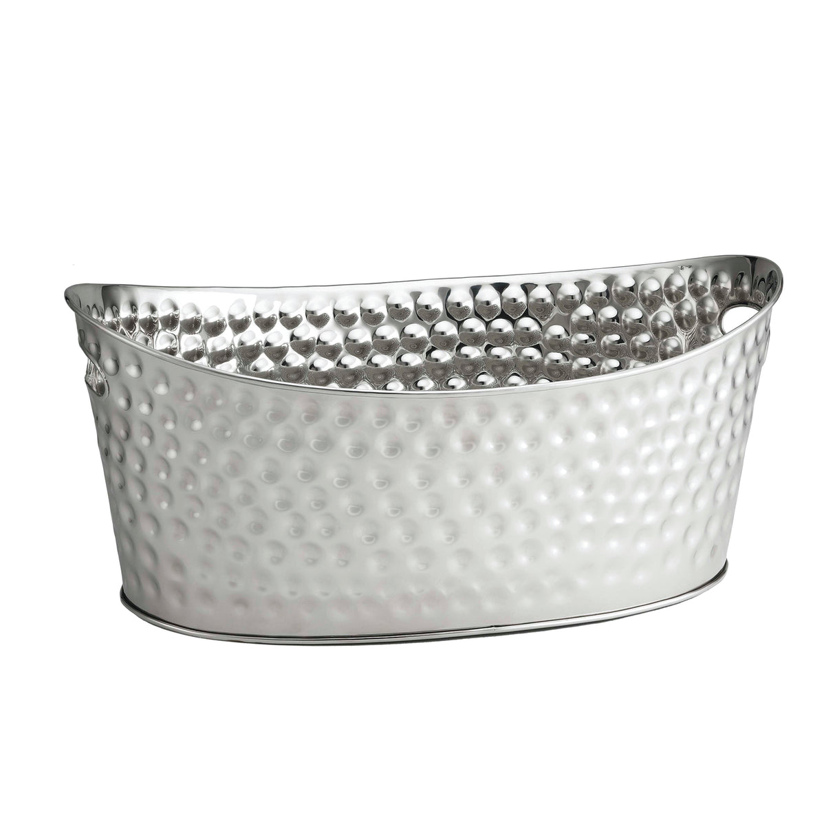 A shiny, silver stainless steel beverage tub with a hammered texture, oval shape, and slightly flared rim. Handles are on each short end. The reflective 4 gallon beverage tub features a bumpy, dimpled pattern for modern style.