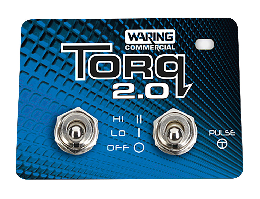A rectangular blue Waring Commercial Torq 2.0 control panel for a heavy duty blender with two metal switches labeled “HI,” “LO,” and “OFF.” The words “Pulse” and its icon appear at the bottom right, set against a textured diagonal background.