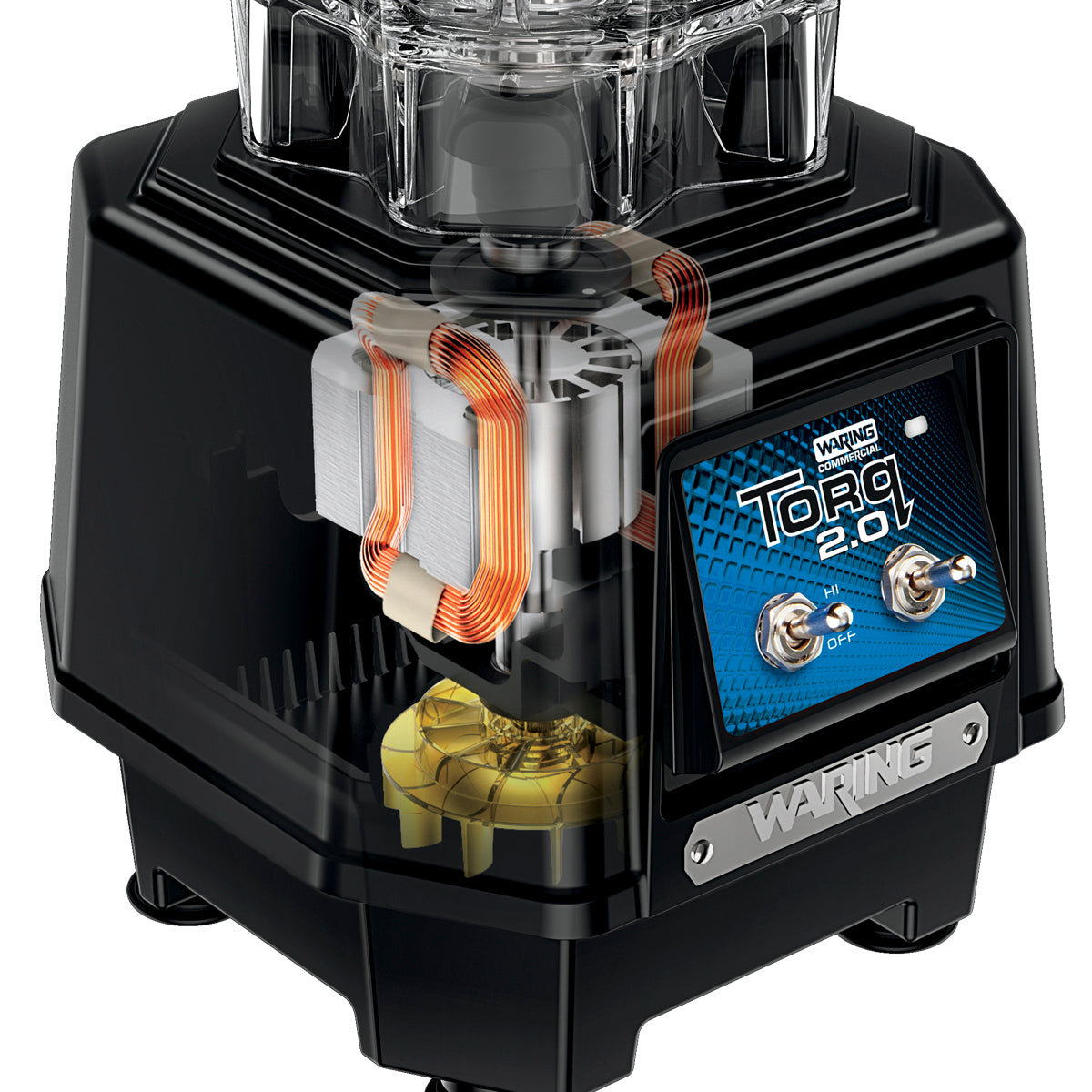 A cutaway view of a black Waring Torq 2.0 heavy duty blender base shows internal copper coils and motor parts. The front panel features a blue Torq 2.0 label, two metal switches, and the Waring logo. Clear housing reveals mechanical components inside.