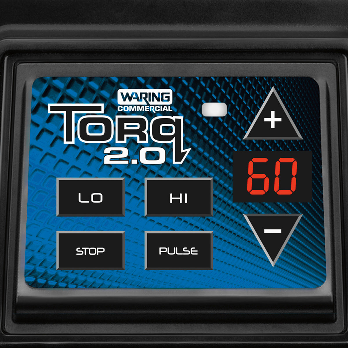 Close-up of a control panel for a Waring Commercial Torq 2.0 bar blender. The panel features LO, HI, STOP, and PULSE buttons, plus plus and minus controls and a digital red display showing “60” on a textured blue background.
