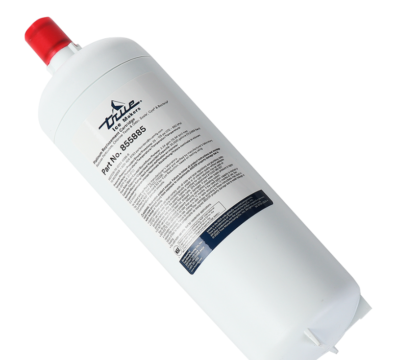 A cylindrical white replacement platinum water filter cartridge labeled "True Ice & Beverage," with a red cap and part number 856885, features detailed black text and boasts a 35,000 gallon capacity, set against a plain white background.