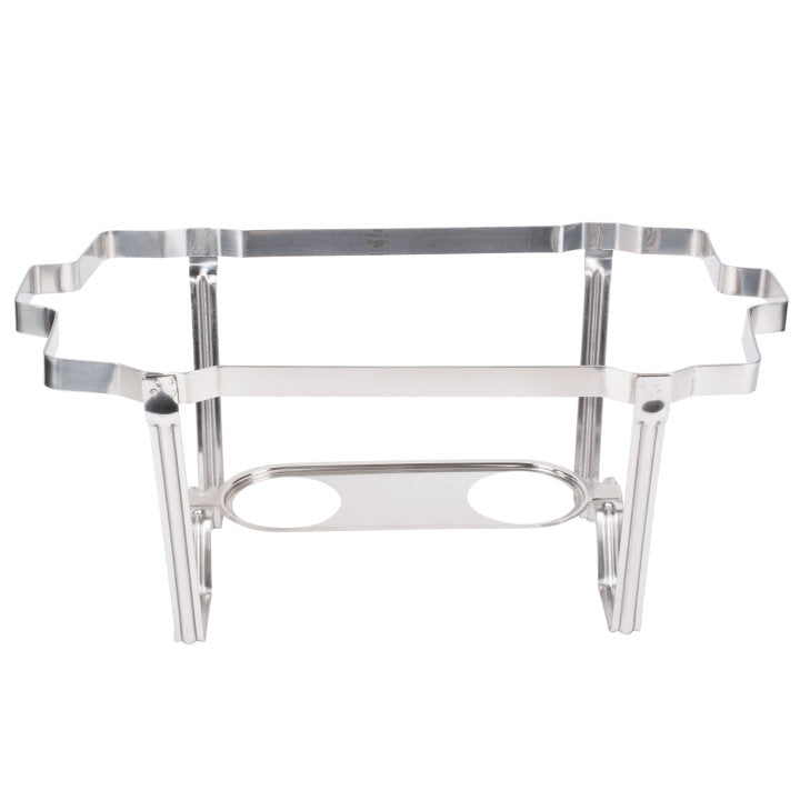 A shiny stainless silver metal chafing dish stand with scalloped edges and four legs. The stackable chafer rack features two oval cutouts in the center support bar and is designed to hold full size chafer pans above a heat source.