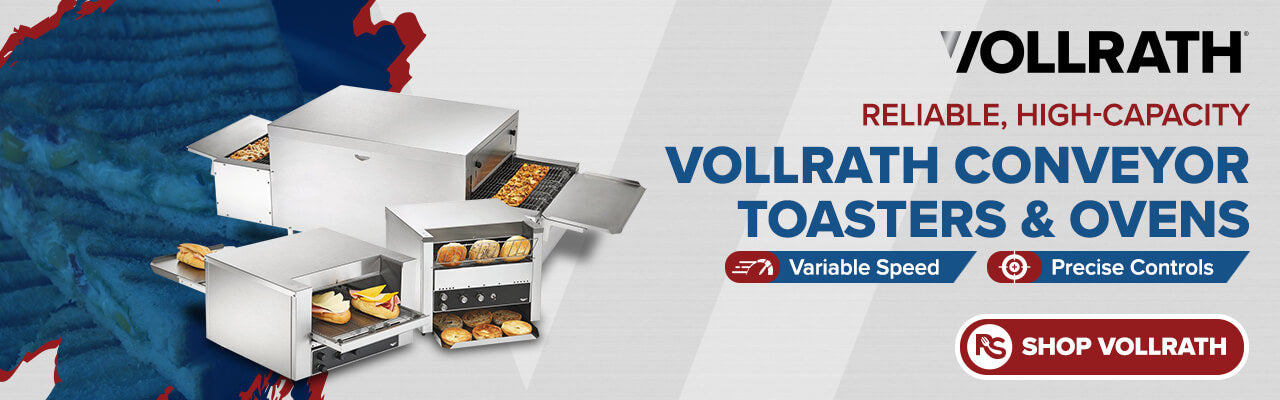 Vollrath conveyor toaster commercial banner highlighting high-capacity toasting and precision controls