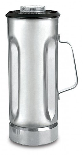 A tall, cylindrical 64 oz stainless steel milk can with a side handle, shiny reflective surface, slight grip indentations, and a transparent lid—ideal as a durable blender container or for kitchen storage.