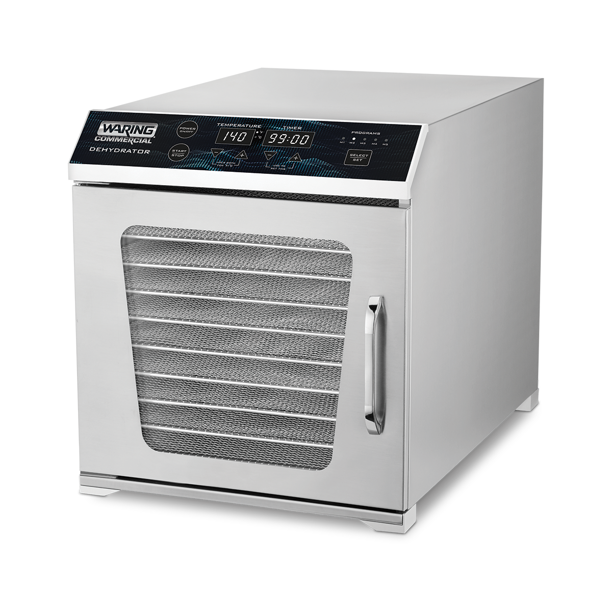 A stainless steel dehydrator with adjustable temperature, a digital LED display control panel, mesh door, and horizontal handle. The front panel shows settings and numbers, while multiple metal trays are visible through the mesh door. The unit sits on small feet.