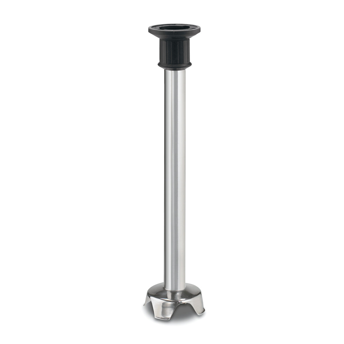 A stainless steel Waring Big Stix immersion blender shaft attachment, 16 inch, with a black plastic collar at the top and a bell-shaped metal blade guard at the bottom, designed for mixing or blending ingredients in pots or containers.