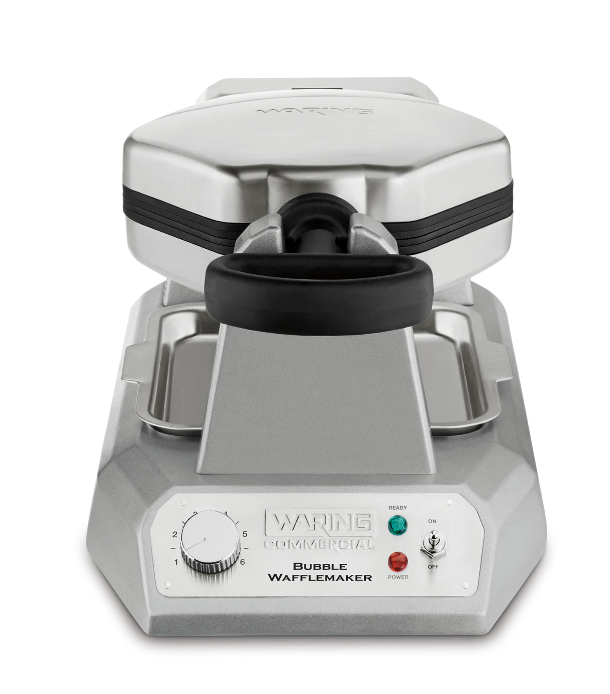 A silver Waring WBW300X Bubble Waffle Maker with a black handle, temperature control dial, and indicator lights for power and readiness on the front panel. This sturdy commercial waffle maker features an angular base and a large, hinged waffle plate on top.