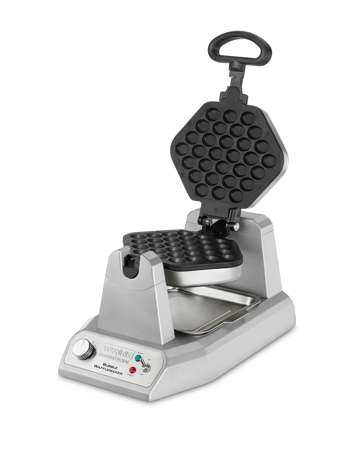 A silver bubble waffle maker with a hexagonal, open clamshell design. The black, non-stick plates have a bubble pattern. The control panel of this commercial waffle maker features a knob, indicator lights, and text. A removable tray sits underneath.