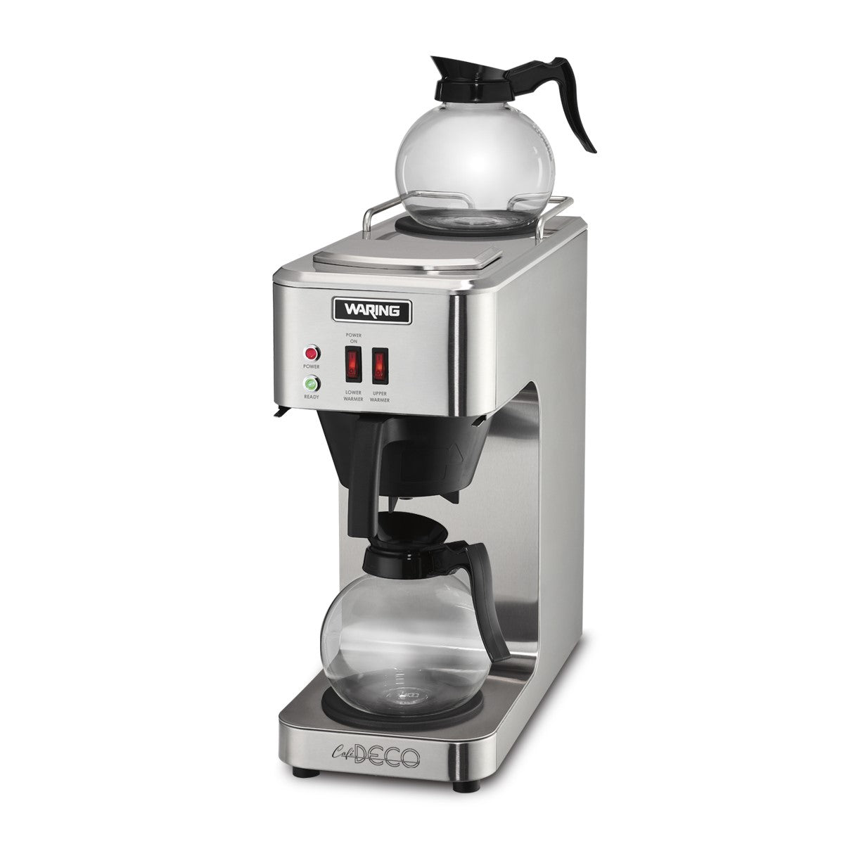 A sleek, modern commercial coffee maker with two glass carafes—one atop a warming plate, the other in the main brewing area. This stainless steel coffee brewer features the Waring logo, two red switches, and indicator lights on its front panel.