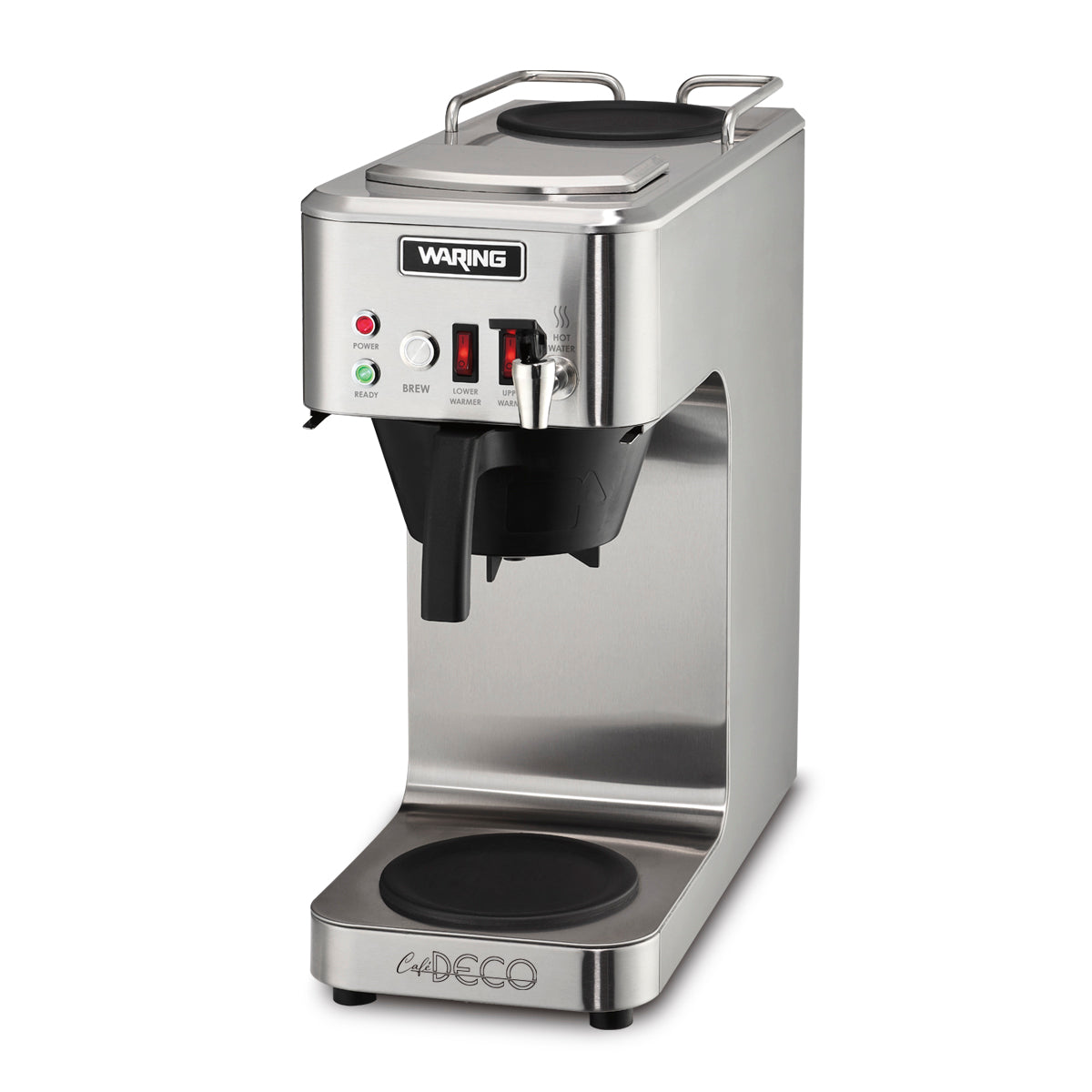 A stainless steel commercial coffee machine with a rectangular build, labeled WARING on the front. It features a black dispenser spout, two indicator lights (red and green), “BREW” and “READY” buttons, and a round warming plate at the base.