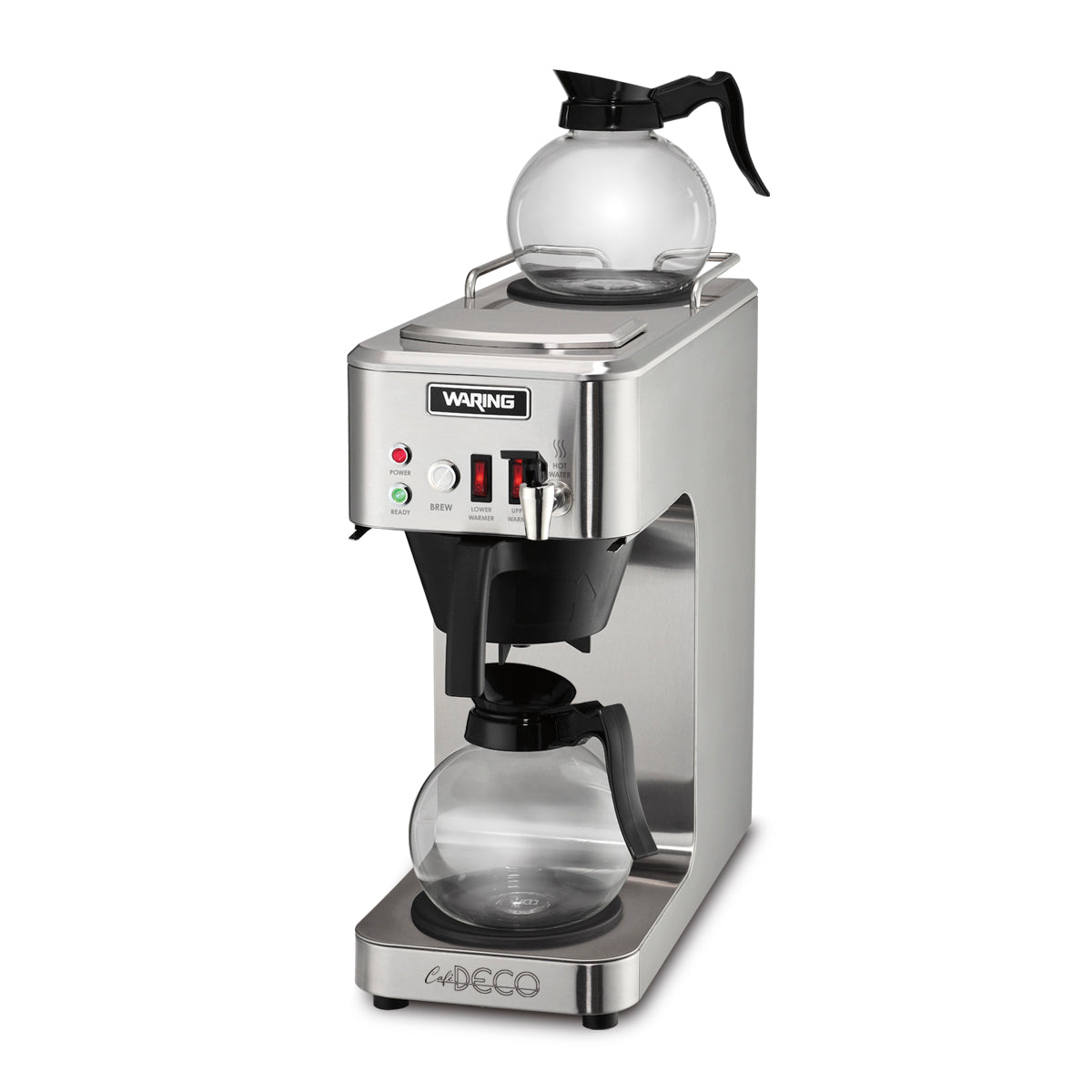 A stainless steel Waring automatic coffee brewer with two glass carafes, one on the warming plate above and one positioned for brewing below. This commercial coffee machine features control buttons, indicator lights, and a sleek, modern design.