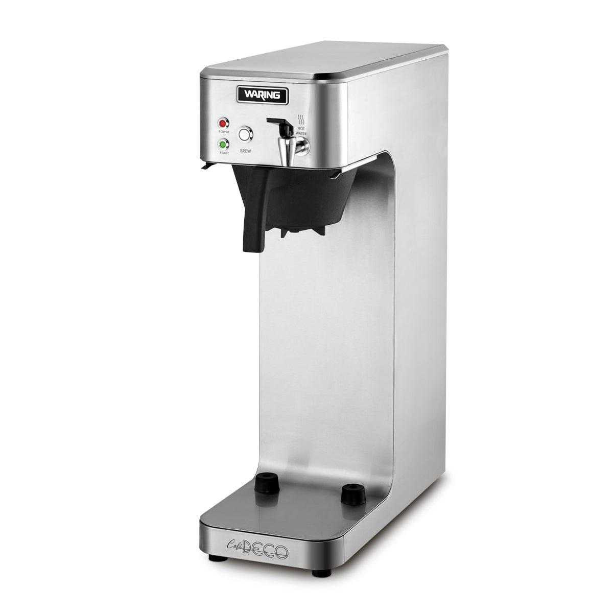 A commercial-grade, stainless steel coffee brewer with a Waring logo on the front, indicator lights, a large spout, and a black drip tray. The sleek, rectangular design is ideal for countertop use in cafés or offices.