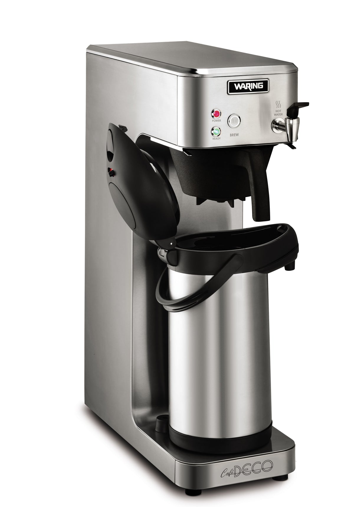 A stainless steel commercial coffee maker with a black spout, control buttons, and a digital display on top. The open front reveals a thermal carafe, while the side swing-out compartment makes this stainless steel coffee brewer convenient for loading grounds.