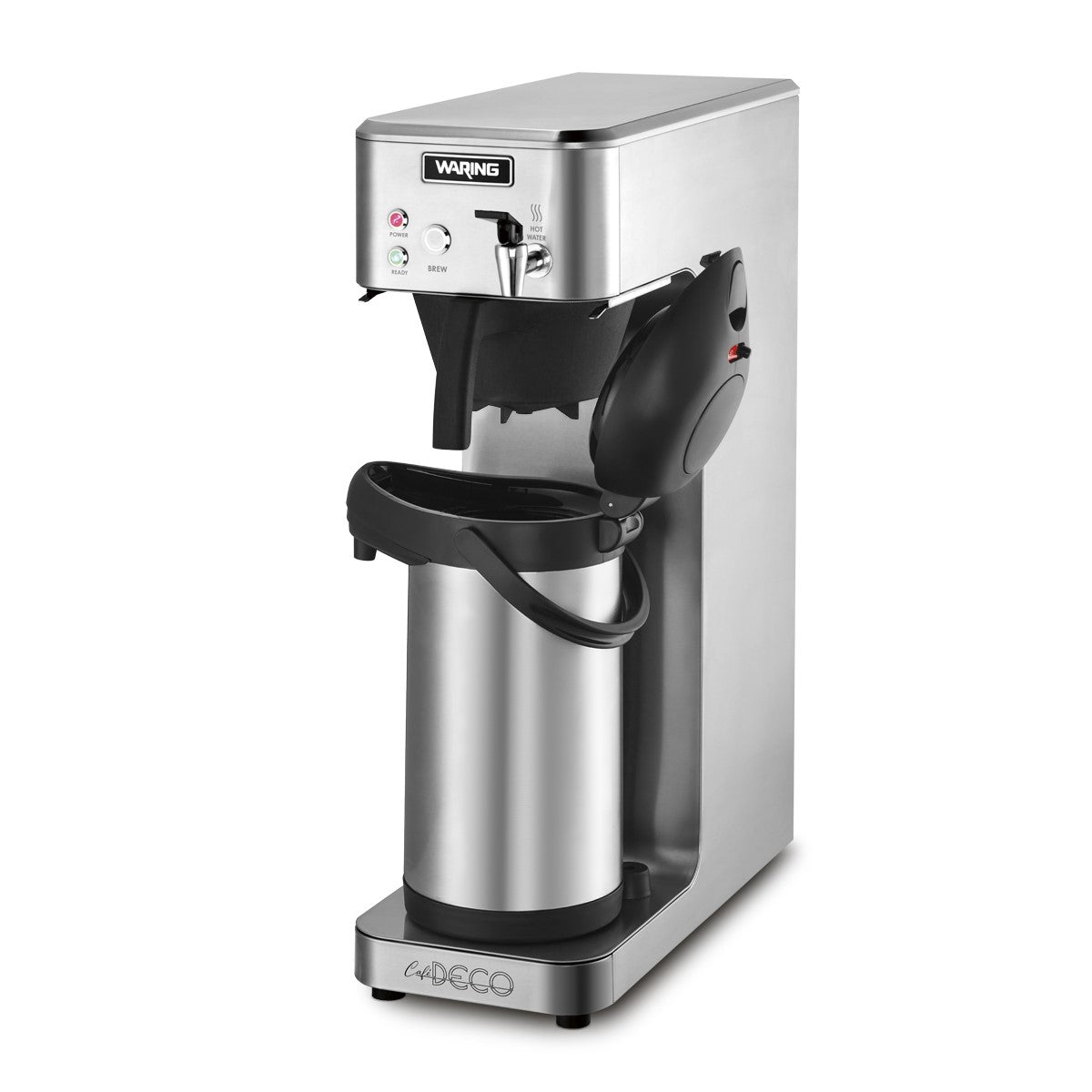A silver airpot coffee brewer with a tall cylindrical airpot under the brew head. The stainless steel coffee brewer features control buttons, LED indicators, and a black handle on the airpot for easy transport. The brand Waring is visible on the front.
