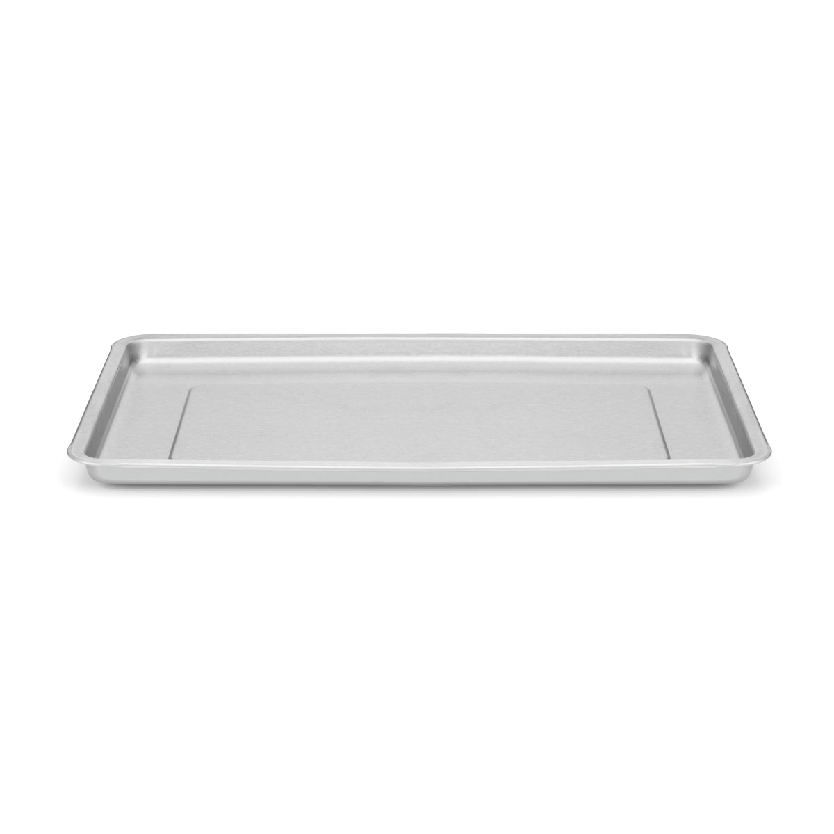A rectangular, flat 1/2 size Baking Sheet with raised edges on all sides, crafted from silver stainless steel. The smooth, unadorned surface is ideal for baking or roasting food items in an oven. Shown on a plain white background.