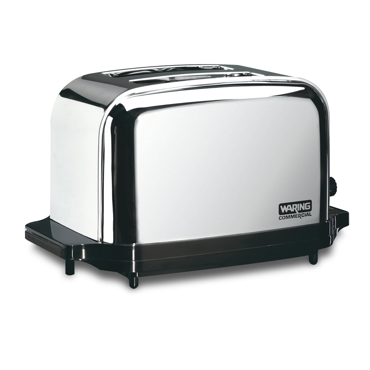 A shiny, stainless steel commercial toaster with extra-high lift control and a black base, featuring the Waring Commercial logo on the lower right corner. Its sleek, modern design sits on a plain white background.