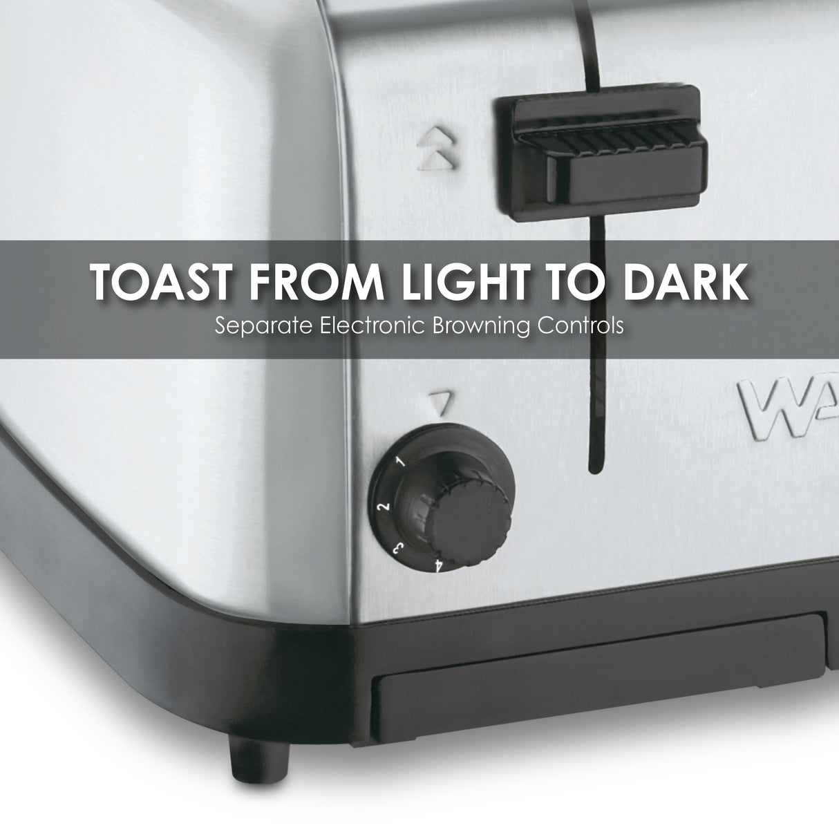 Close-up of a stainless steel 4 slice toaster with extra wide slots and a black browning control knob set to 2. Text overlay says TOAST FROM LIGHT TO DARK with Separate Electronic Browning Controls, highlighting adjustable toasting options.