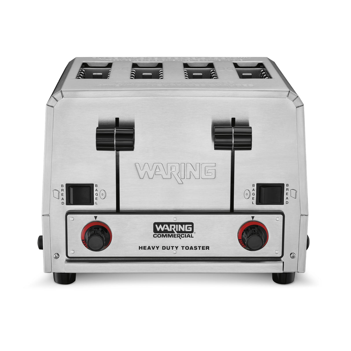 A stainless steel Waring Commercial heavy-duty toaster with a 4 slice capacity, two black lever controls, two black and red dials, and power switches on the front panel. Its robust, industrial design makes it perfect as a commercial bagel toaster.